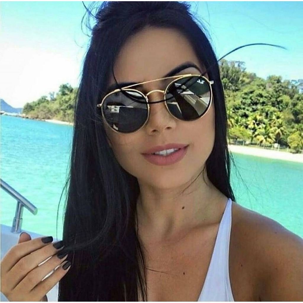 Óculos de sol feminino redondo Double bridge dourado e preto lente de cristal proteção UV400 e acessórios