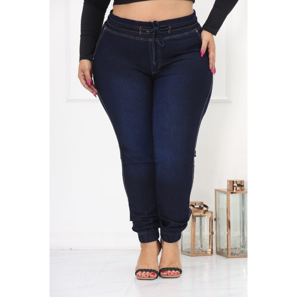 Calça Jogger Jeans Plus Size Feminina Cintura alta Com Elastano