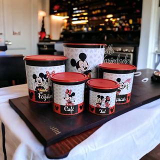 Kit porta mantimento 5 peças jogo plástico/ porta mantimentos e organizadores de cozinha MICKEY GG MANTIMENTO PRETO TAMPA VERMELHA