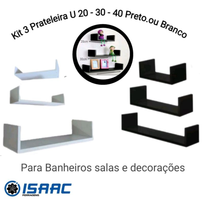 kit 3 Prateleira U Preto ou Branco 20 30 40 100% Mdf