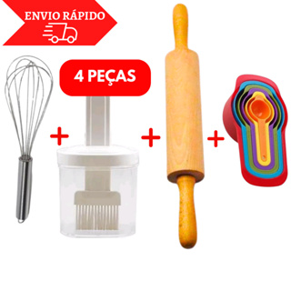 Kit Confeiteiro 4 Peças Fuê Fouet 100% Inox + Pincel Com Recepiente + Rolo De Madeira Fixo 43Cm Para Abrir Massas + 6 Colheres Copo Medidora Utensílios de Cozinha