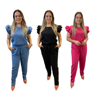 03 Conjuntos Feminino Casual Elegante Blusa Calça em Linho De Algodão com  Babado Na Manga Cores Diversas Roupa Feminina Festa Barata Oferta Imperdível