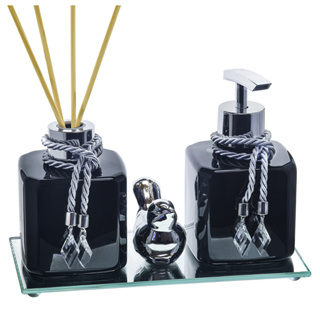 Kit Banheiro Pet Preto Difusor e Saboneteira Plástica Bandeja Espelhada