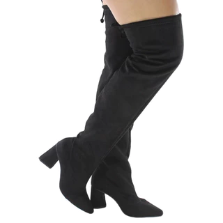 Bota Feminina Over Salto Grosso 7,5cm Geométrico Cano Alto Bico Fino Moda Antiderrapante