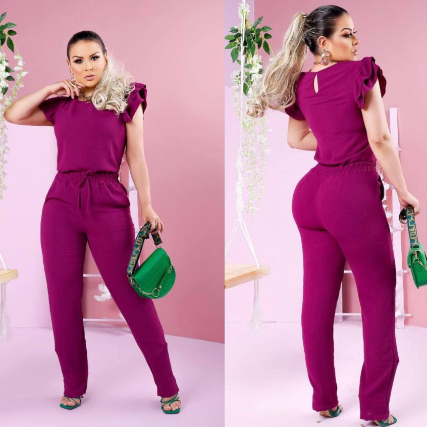 Conjunto Feminino Casual Elegante Blusa Calça em Linho Com Babado Na Manga Cores Verão 2023 Roupa Feminina Festa Barata Promoção Oferta