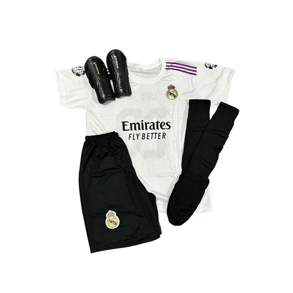 kit completo real madri uniforme mais meiao e caneleira
