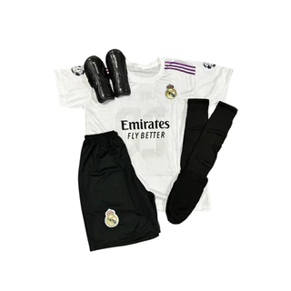 kit completo real madri uniforme mais meiao e caneleira