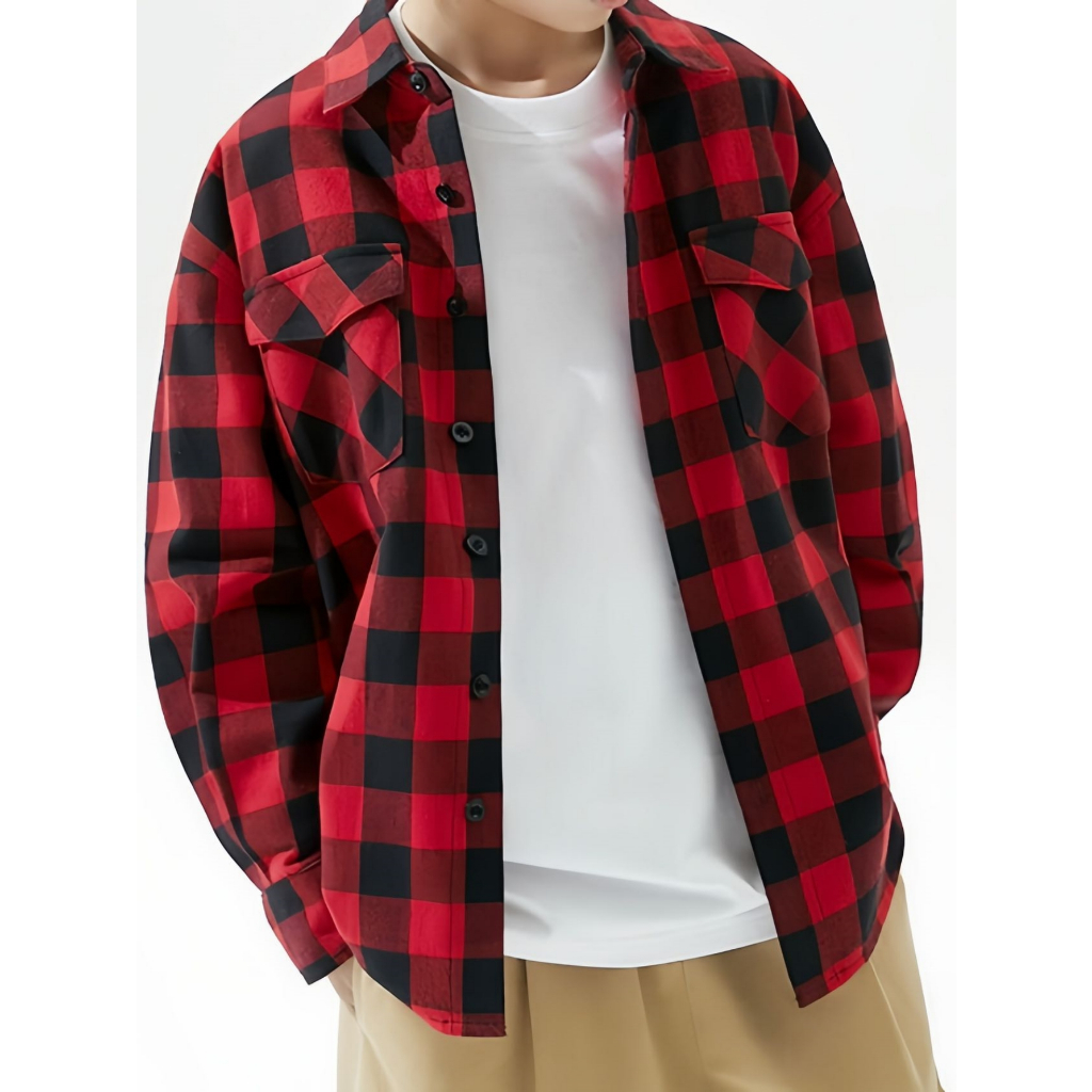 Camisa Xadrez Vermelho Flanelada Masculina Camisa Com Botão E Bolso Para Festa e Casual