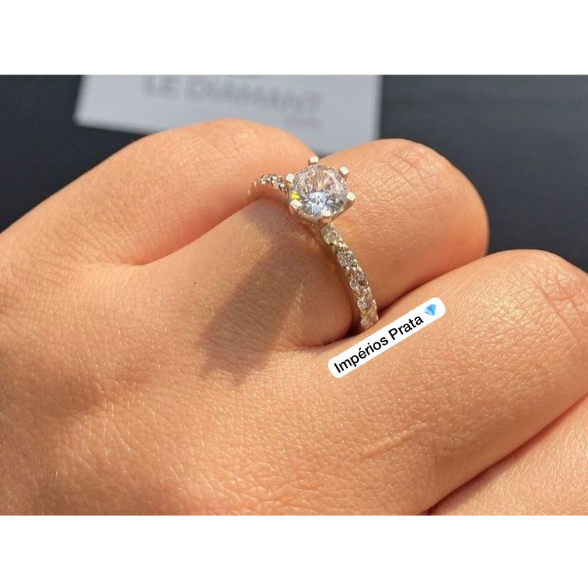 Anel de noivado/Solitário cravejado - Prata 925 legitima