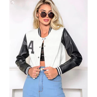 Jaqueta bomber feminina curta de moletom estilo colegial