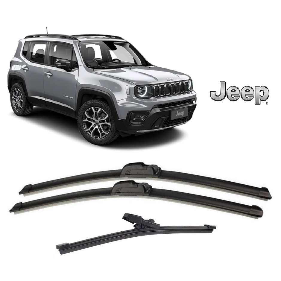 Kit 3 Palhetas Limpador de Parabrisa Dianteiro + Traseiro para Jeep Renegade ano 2016 2017 2018 2019 2020 2021