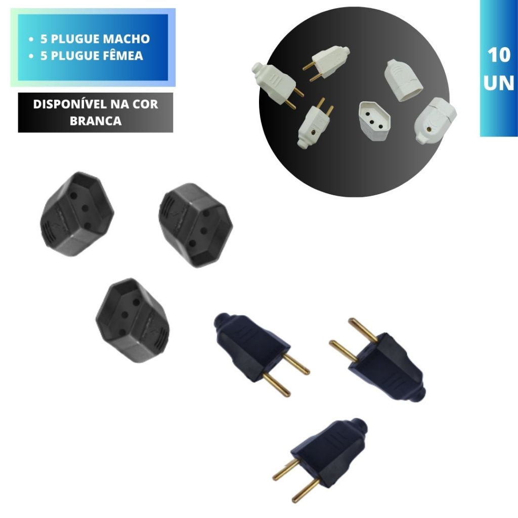 KIT 5 Plugue Macho e 5 Plugue Tomada Fêmea de Extensão | Shopee Brasil