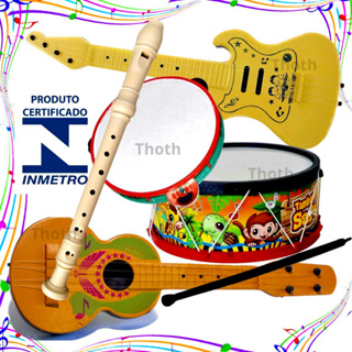Kit Musical Brinquedos Educativo C/5 Instrumentos Tambor Violão pandeiro Flauta Infantil
