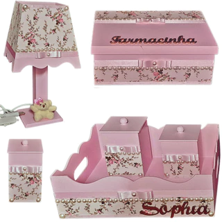 Kit de higiene bebe mdf farmacinha menina - Rosa Branco florido perolas + Nome