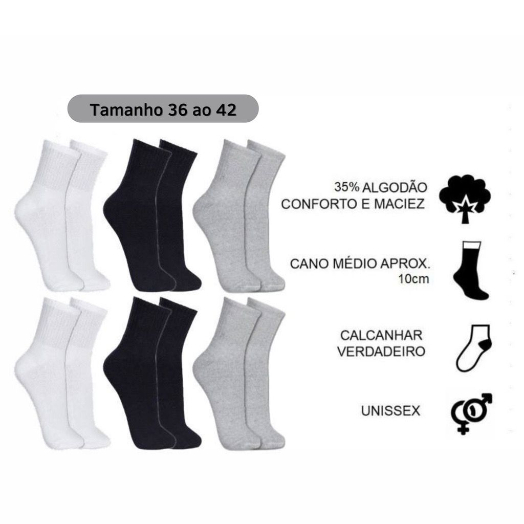 Meias Masculina Kit 12 Pares Cano Alto Longo Sport Algodão