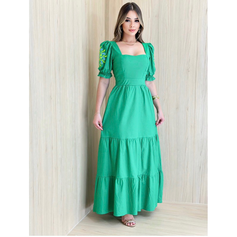 Vestido Longo Tricoline Manga Princesa Bordado Moda Modesta