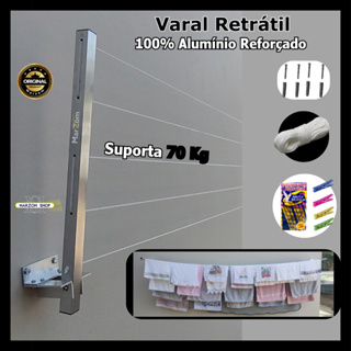 Varal de Parede Retratil Articulado Dobrável Recolhivel Alumínio Forte e Resistente 60 Kg de Roupa com Corda e Prendedor para Apartamento Garagem Varanda Area de Serviço Varal Magico Grande