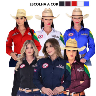 Camisa Radade Original Feminina Country Para Rodeio Peão de Boiadeiros Barretos Hospital do Câncer Bordada Bandeira do Brasil Várias Cores Preta Branca Vermelha Azul Bordô e Marinho