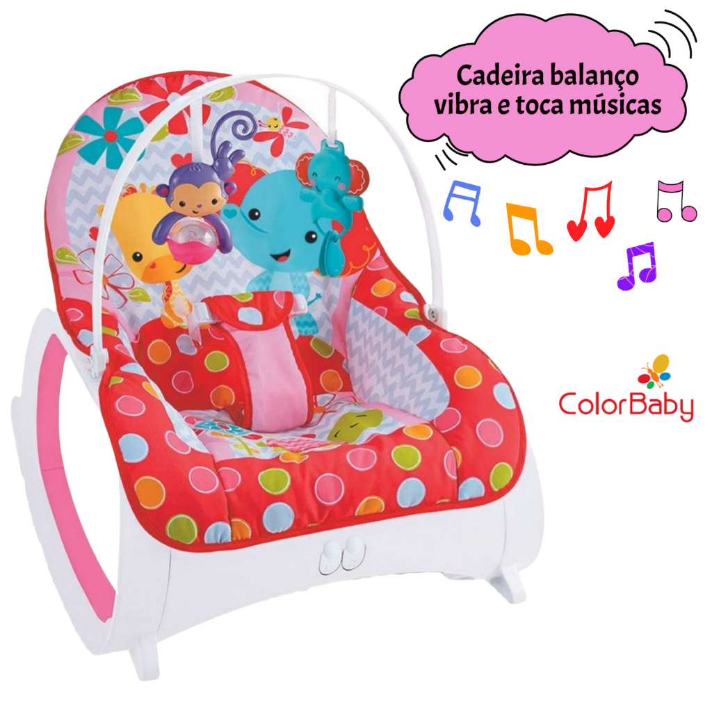 Cadeirinha De Descanso 2 Em 1 Bebê Cadeira Balanço Vibra Toca 20kg Color  Baby Safari VERMELHO/ROSA Música Musical