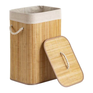 Cesto De Roupa Suja Bambu Dobravel Organizador Forrado Banheiro 60cm Cesto Retangular com Alça Cesto Organizador Brinquedo Quarto Banheiro