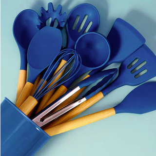 Kit Utensílios Cozinha Silicone e Madeira 12 Peças (Cor aleatória)
