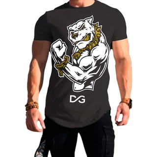Camiseta Manga Curta Preta Masculina Longline Academia Fitness Musculação Esportes Crossfit PitBull 100% Poliéster