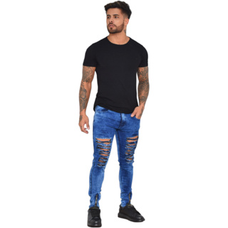 Calça Super Skinny Masculina Com Lycra Jeans Ziper na Perna