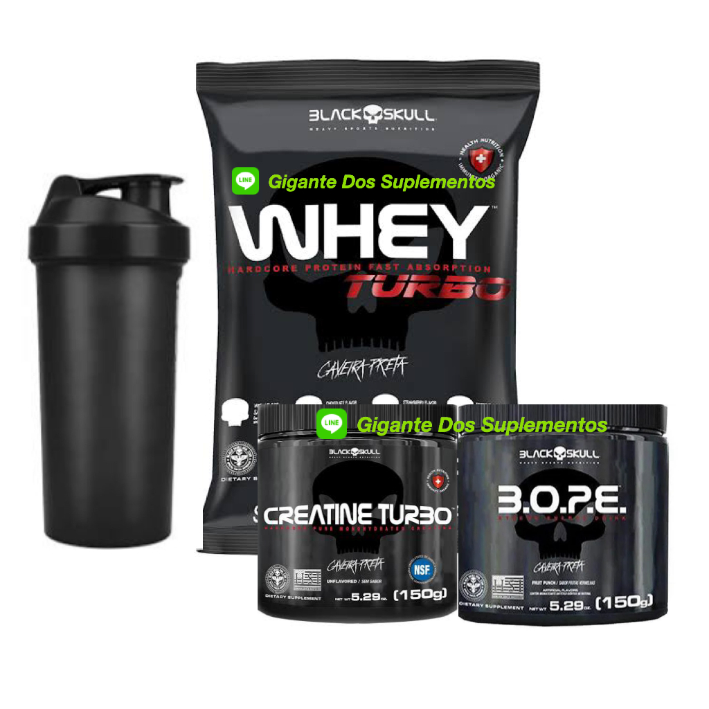 Kit Suplementos – Whey Protein Turbo 907g + Creatina Turbo 150g + Pré Treino B.O.P.E 150g+ Coqueteleira Preta adesivada com frases