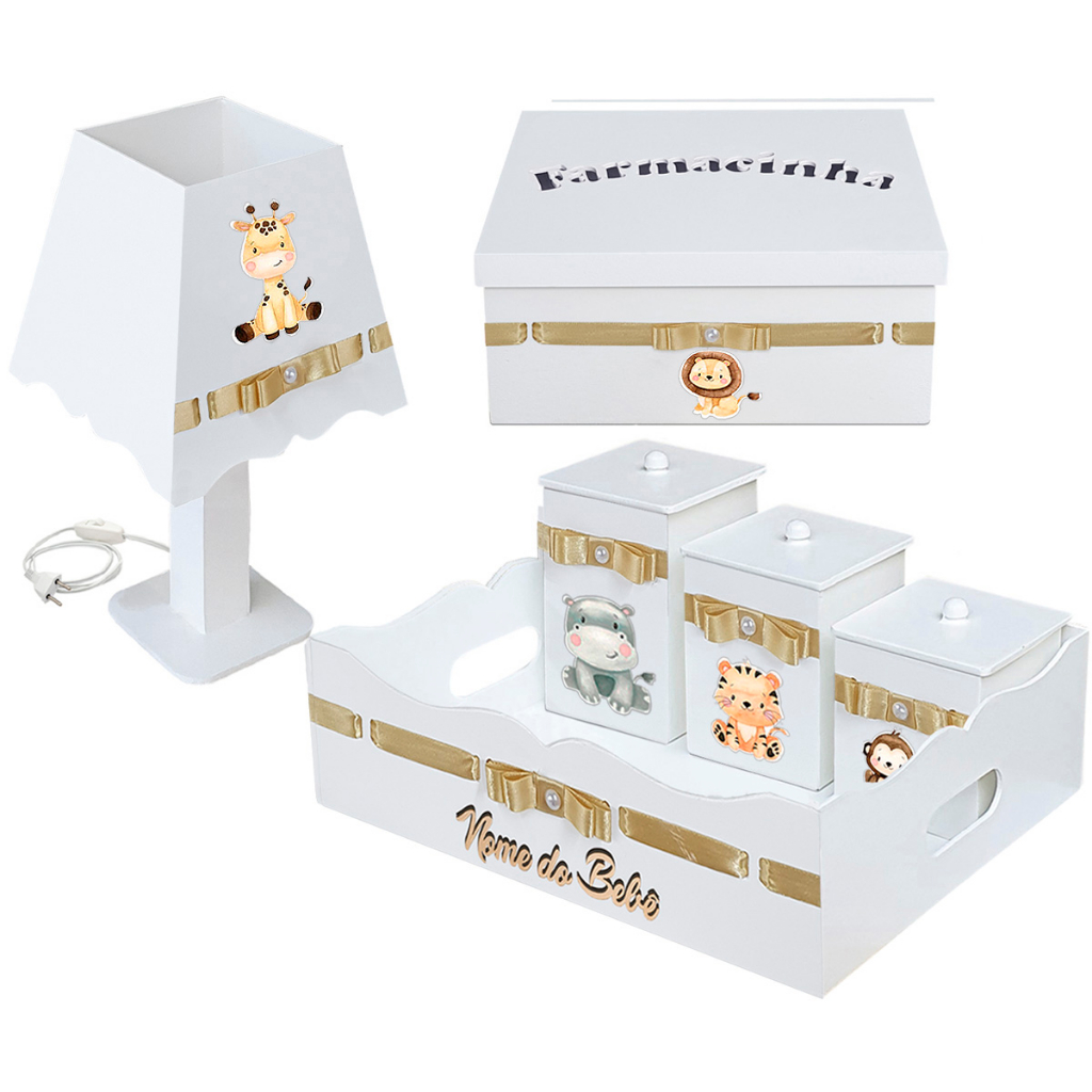 Kit Higiene Safari Baby Luminaria Farmacinha e Cesta com Trio de Potes
