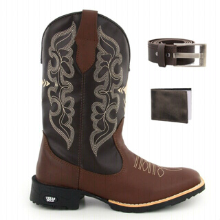 Bota Texana Country Masculina Texas Gold Cruzeta de Couro + Carteira + Cinto
