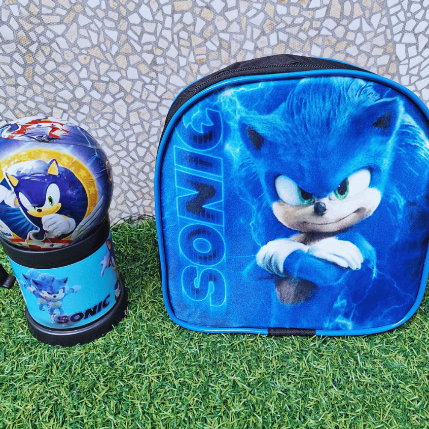 Kit Lancheira Infantil Escolar com Copo e Brinquedo Personagens Volta as Aulas