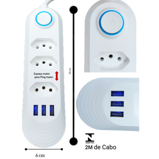 Extensão de Tomada 2 em 1: com 3 ou 4 entradas de tomada 3 pinos + HUB com 3 entradas USB 3.4A Extensão Elétrica Selo Inmetro