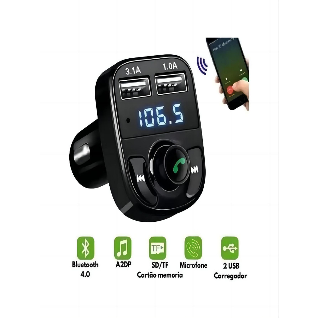 Carregador Celular Usb Carro Transmissor Fm Mp3 Bluetooth