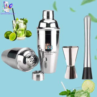 Kit Caipirinha Profissional Coqueteleira 500 Ml Dosador Socador Inox Resistente 3 Peças