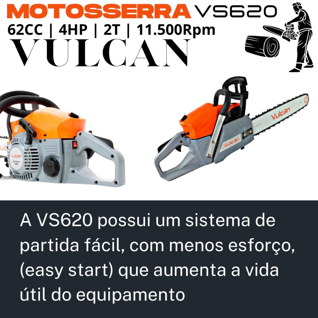 Motosserra Profissional Potente à Gasolina Vulcan VS620 / 11500RPM