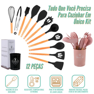 Kit 12 Peças Utensílios de Cozinha Premium Completo Silicone Cabo em Bambu Espátula Concha Pegador Fue Batedor Pegador de Massa