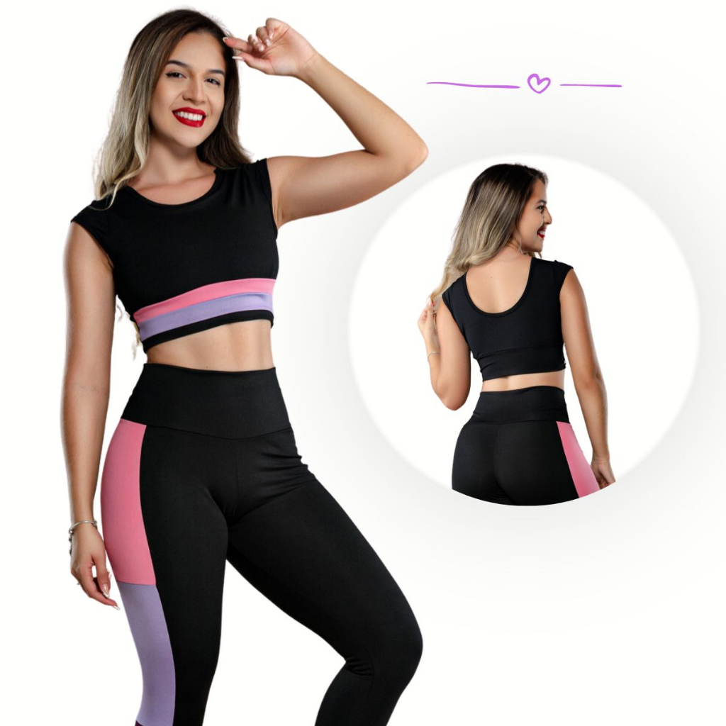 Kit 2 conjuntos Top e Calça Legging com Tela Academia Fitness