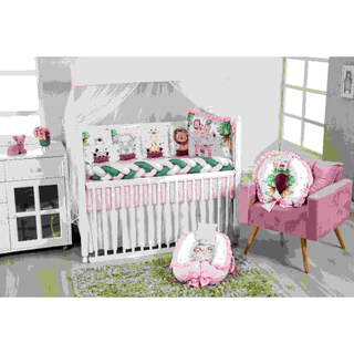 Kit de berço + ninho redutor de berço + almofada de amamentação Safari Rosa Sublimado menina