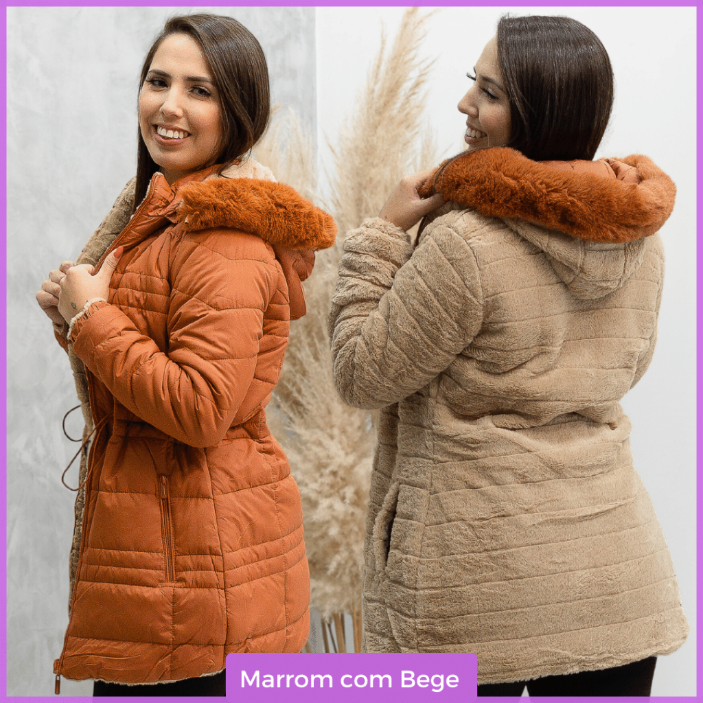 Jaqueta Teddy Dupla Face Peluciada Feminina Parka com Capuz