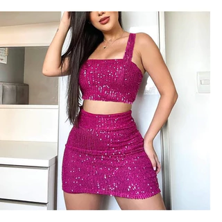 Conjunto em PAÊTE Cropped e Saia Feminino Luxuoso