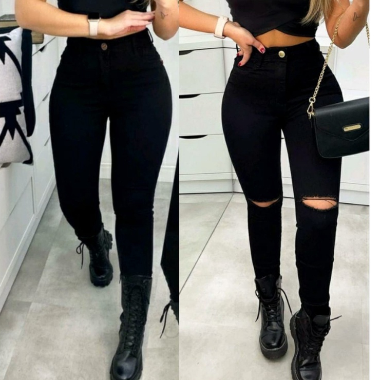 Calça jeans feminina cintura alta com licra Skinny black lisa