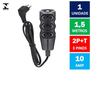 Extensão Elétrica Reforçada 3 Pinos Em 90 Graus 10A 1,5 Metros Preto Megatron ( Cordão Prolongador Tomada Tripla 2P+T 10 Ampères )