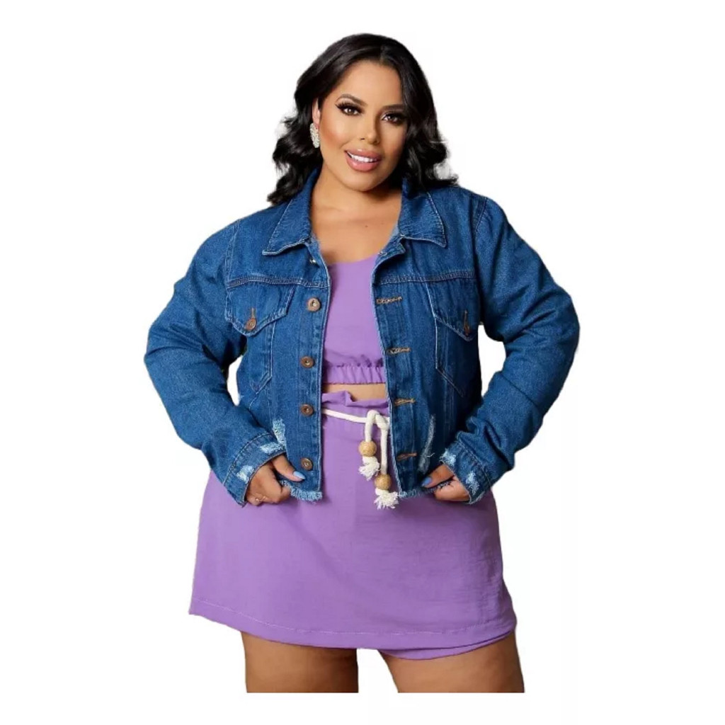 Jaqueta Jeans Plus Size Escura Blogueira - Edição Limitada