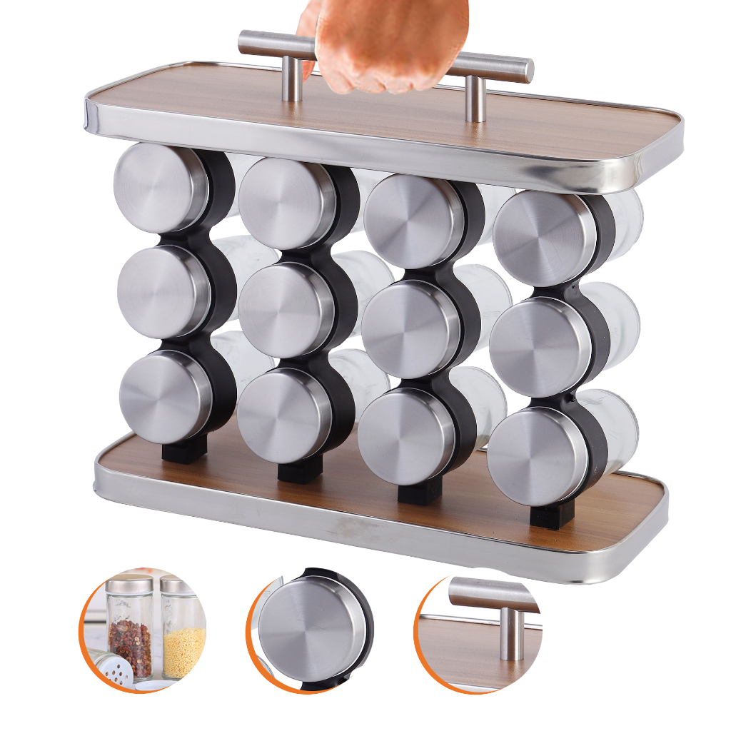 Porta Condimento Tempero - 12 Potes Vidro - Madeira - Inox