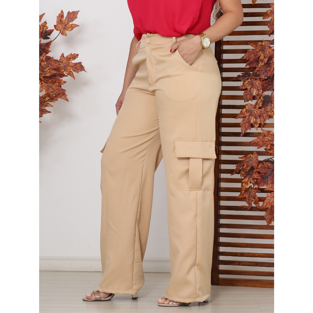 Calça verde cargo feminina com design de bolso, botão de cintura