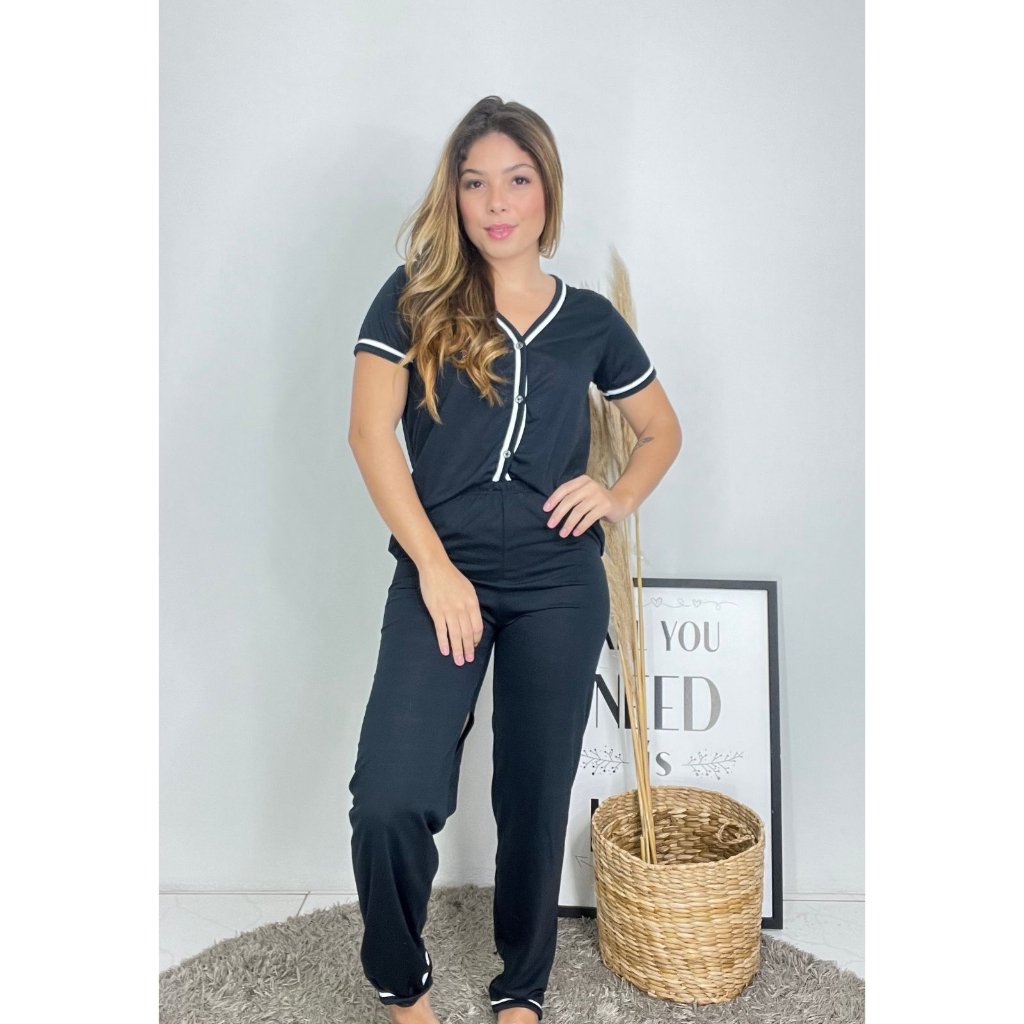 Promoção Pijama De Malha De Botão Liso Blusa Manguinha Calça Longa Linha Noite Confort Amamentação De Malha Pós Cirurgico