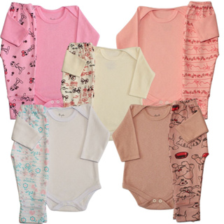 Kit 04 peças: 02 Body e 02 Mijão vira Pé estampado Suedine Bebê Menino Menina Luxo Body de Bebê Criança