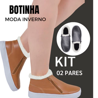 Kit 2 Pares Tênis Botinha Feminina Com Pelo Forrada Moda Original Promoção