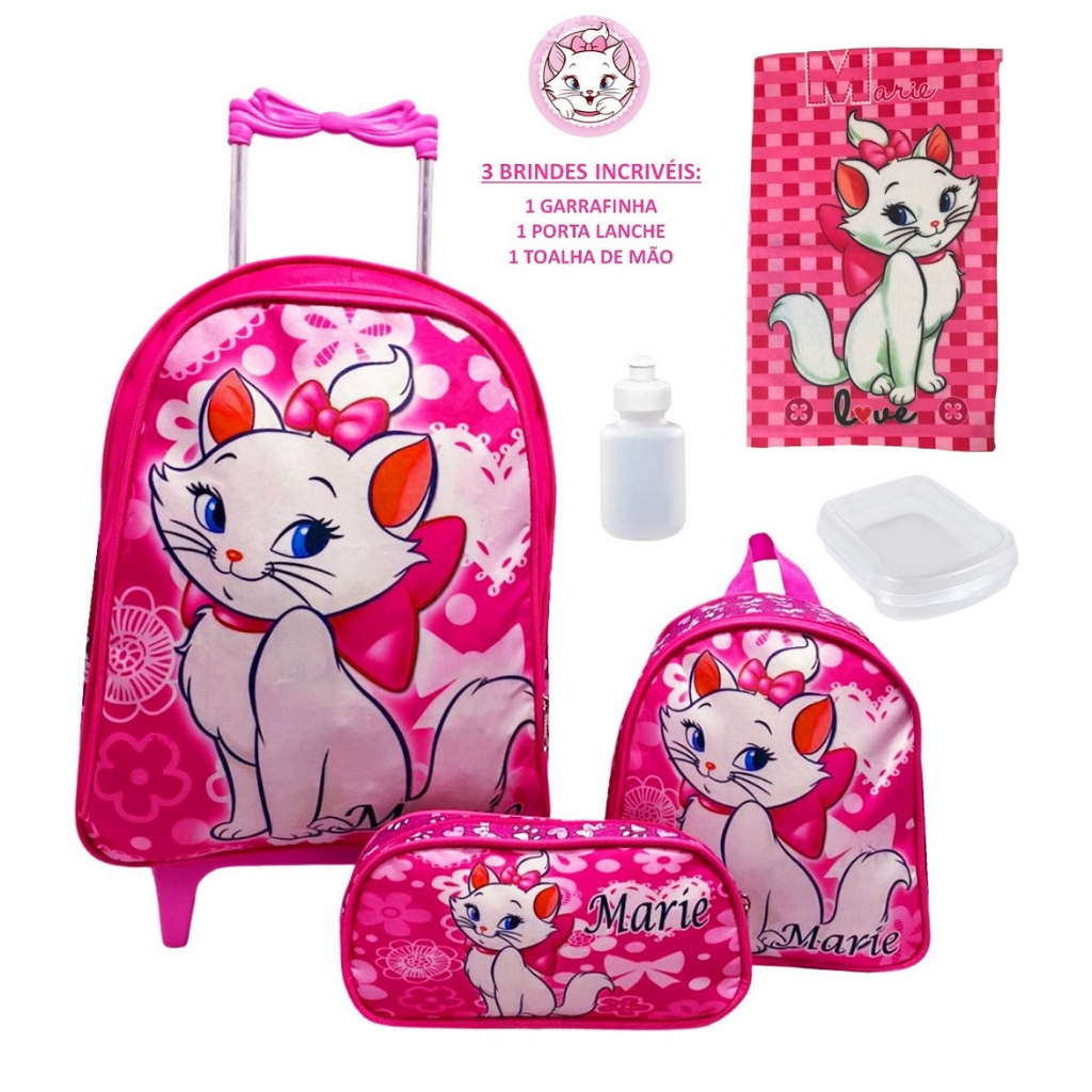 Kit Mochila Infantil Escolar Com Rodinhas Gata Marie