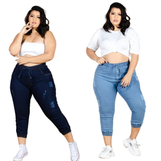 Kit 2 calças femininas plus size jeans jogger cintura alta elastico com lycra envio rápido
